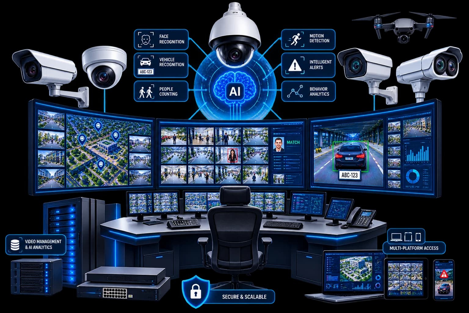 AI-assisted surveillance and video management environment with cameras, analytics, and a multi-screen operations desk